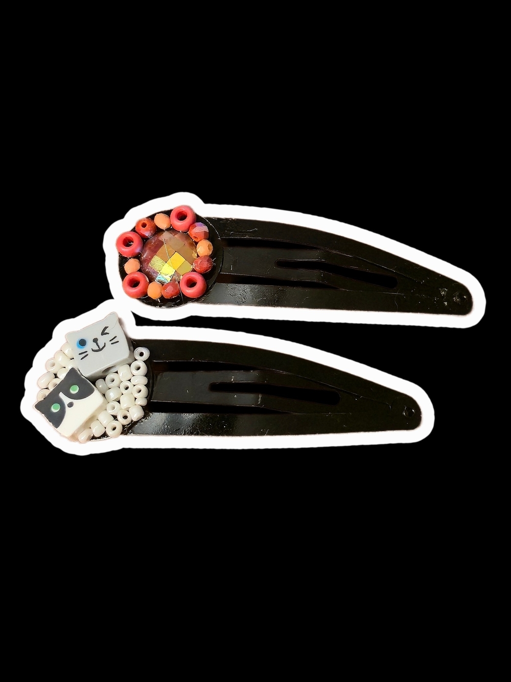 Kids Black Hair Clips with Cute Cat and Beaded Accents